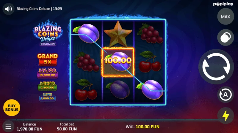 Výhra v základnej hre Blazing Coins Deluxe
