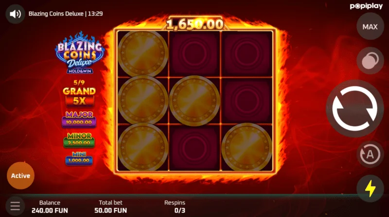 Respin hrací displej Blazing Coins Deluxe