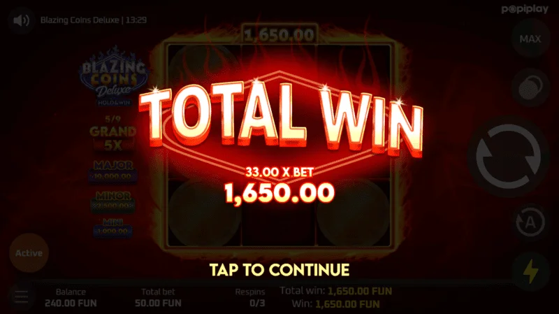 Celková výhra Blazing Coins Deluxe